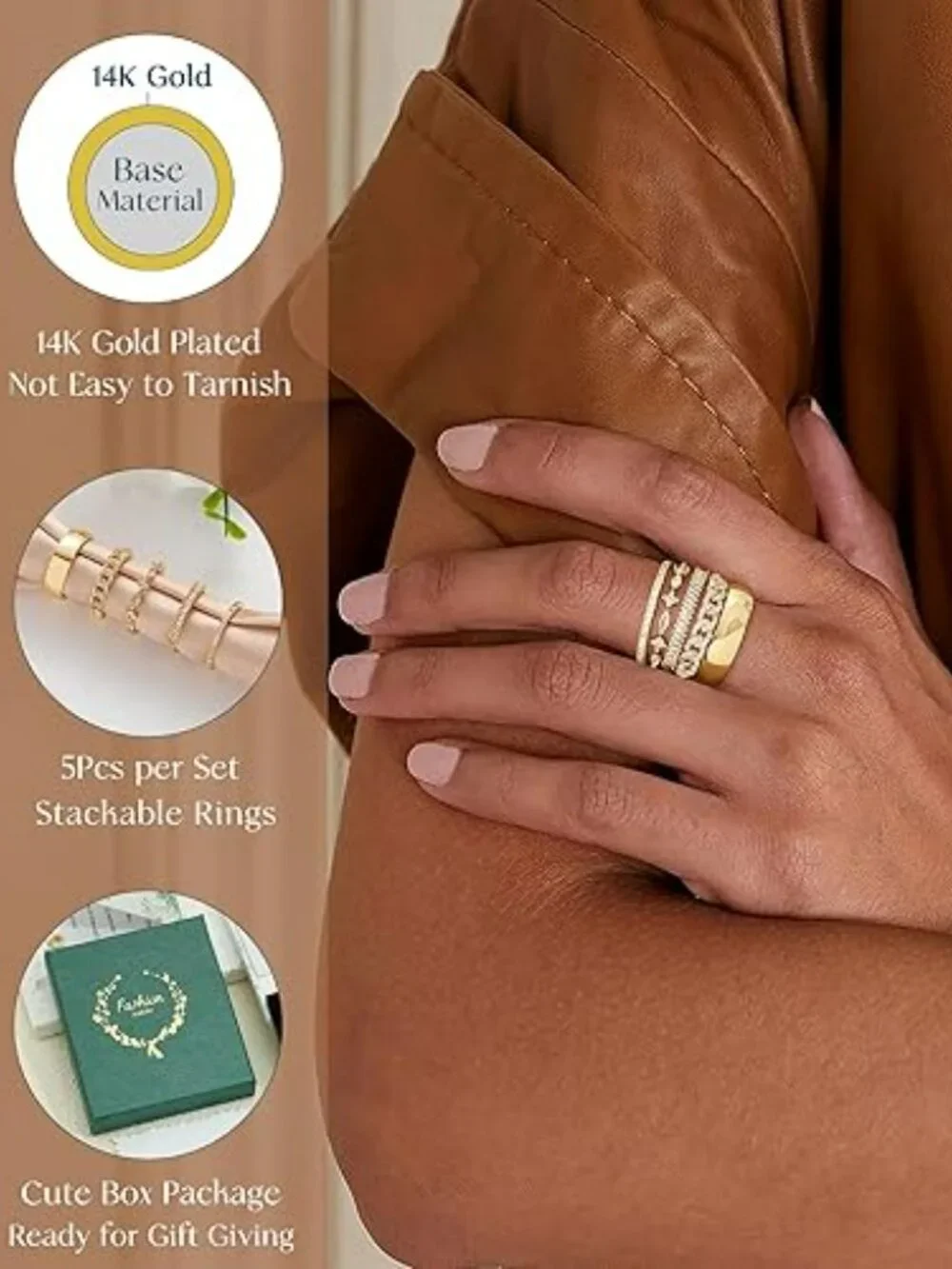 NEW Stackable Gold Rings Non Tarnish Chunky 14K Gold‎ Plated Stacking Cubic Z
